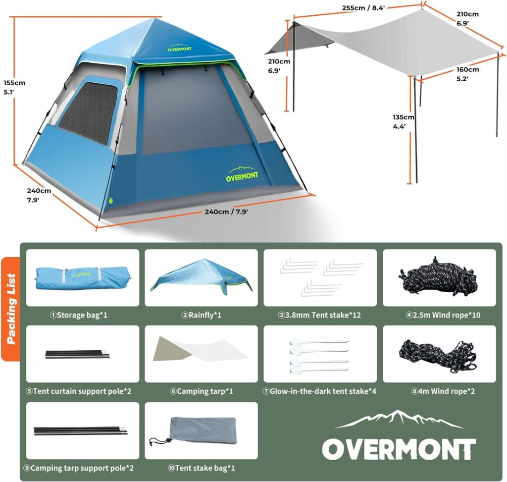 Overmont Instant Camping Tent with Tarp - 1-3 Person Pop up Waterproof Tents for Camping - Easy Setup - Ideal for Family Camp, Road Trip, Outdoor Activity